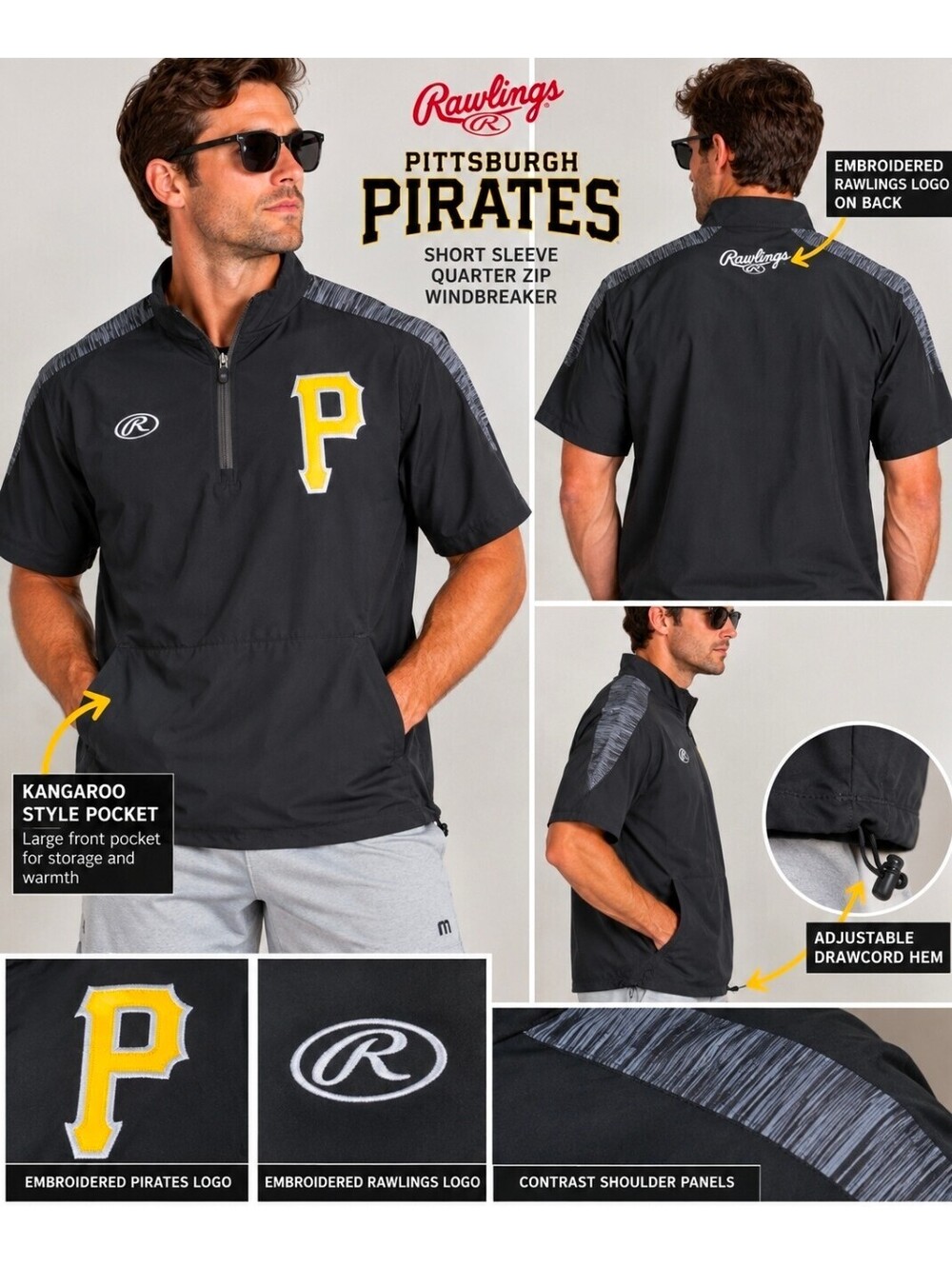 Rawlings Pittsburgh Pirates MLB Men’s M 1/4 Zip Short Sleeve Pullover Black